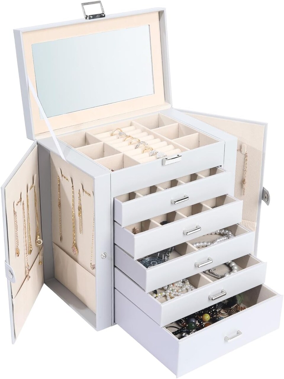 Jewelry Box for Women, 6 Layer Lockable Large Jewelry Holder Organizer with 5 Drawers for Jewelry Storage, Big Jewelry Box for Womens’ Christmas Gift (gray)